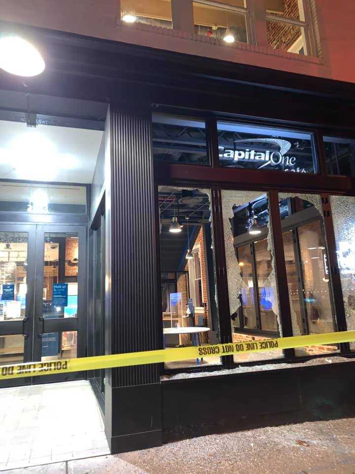 Vandalized windows at Capital One Cafe In Carytown